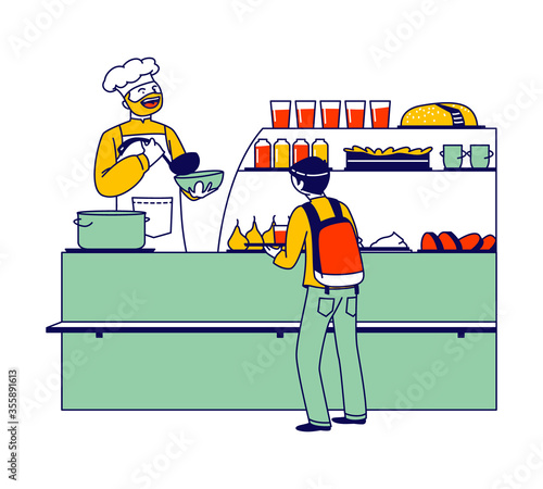 Schoolboy with Backpack Stand at Counter Desk with Cheerful Chef Character in School Cafe. Child Taking Meal for Dining in College. Student in Canteen or Cafeteria. Linear People Vector Illustration