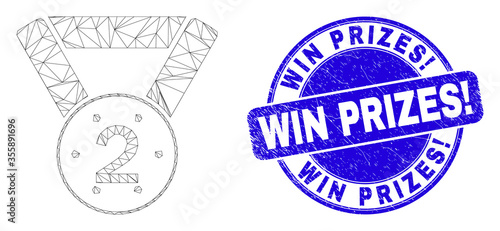 Web carcass 2nd place medal pictogram and Win Prizes! seal stamp. Blue vector round grunge stamp with Win Prizes! phrase. Abstract carcass mesh polygonal model created from 2nd place medal pictogram.