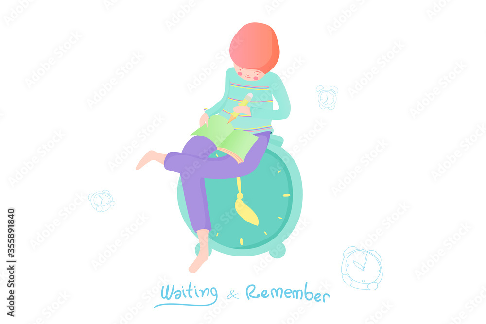 Boy is Still With Memories and Waiting,Cute characters,Rosy cheeks,relax color concept,pink cheek,rosy cheek,soft pastel color,vector illustration for graphic design,textile pattern,website,banner