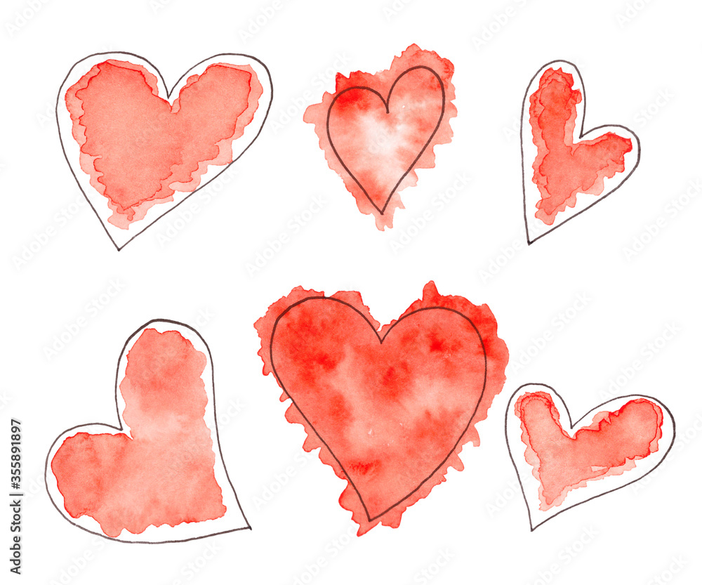 Set of Abstract watercolor sketch red hearts Set of Abstract watercolor sketch red hearts