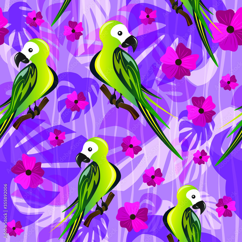 Parrot tropic bird sitting on a bench of tree. Vector illustration. Seamless pattern.