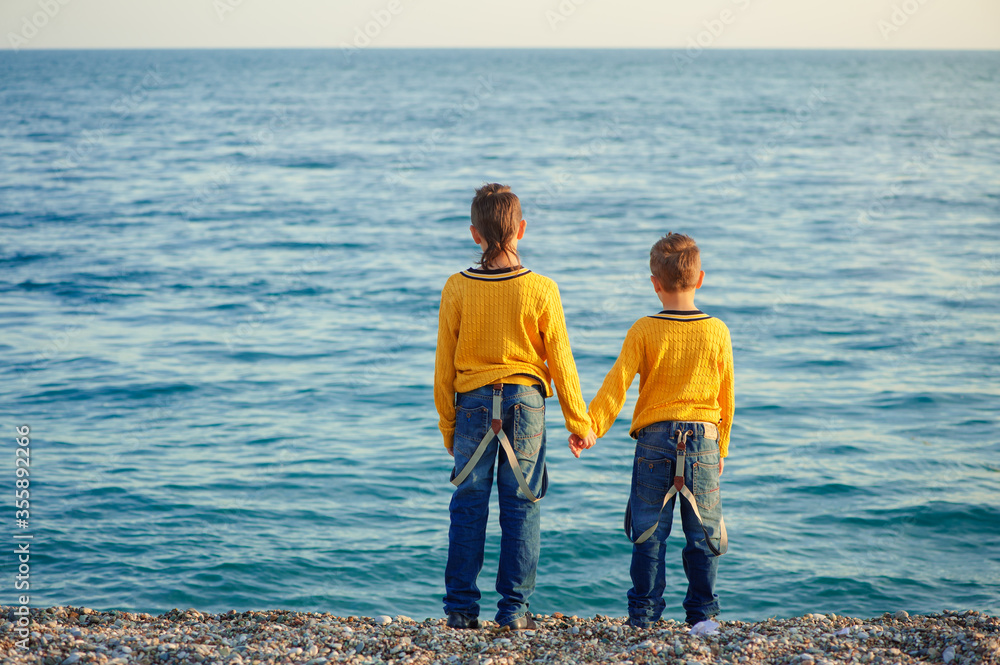 boys standing on a beach holding hands, view from the back