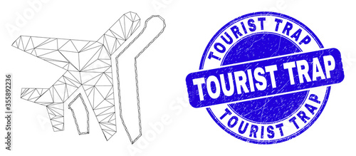 Web mesh airplanes pictogram and Tourist Trap seal stamp. Blue vector rounded scratched seal with Tourist Trap title. Abstract frame mesh polygonal model created from airplanes icon.