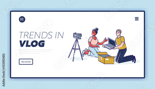 Landing page with couple of bloggers filming unboxing video and review of new laptop computer