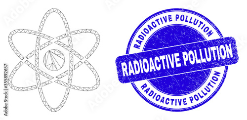 Web mesh atom pictogram and Radioactive Pollution watermark. Blue vector rounded scratched watermark with Radioactive Pollution caption.