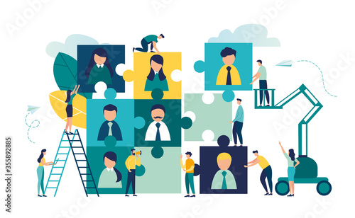 Vector business graph, open vacancy, business company is looking for an employee for a job, flat color icons, creative illustrations, businessmen are considering a resume - Vector 