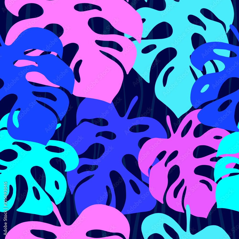 Naklejka premium Colorful tropical monstera leaves on black background. Vector illustration. Seamless pattern.