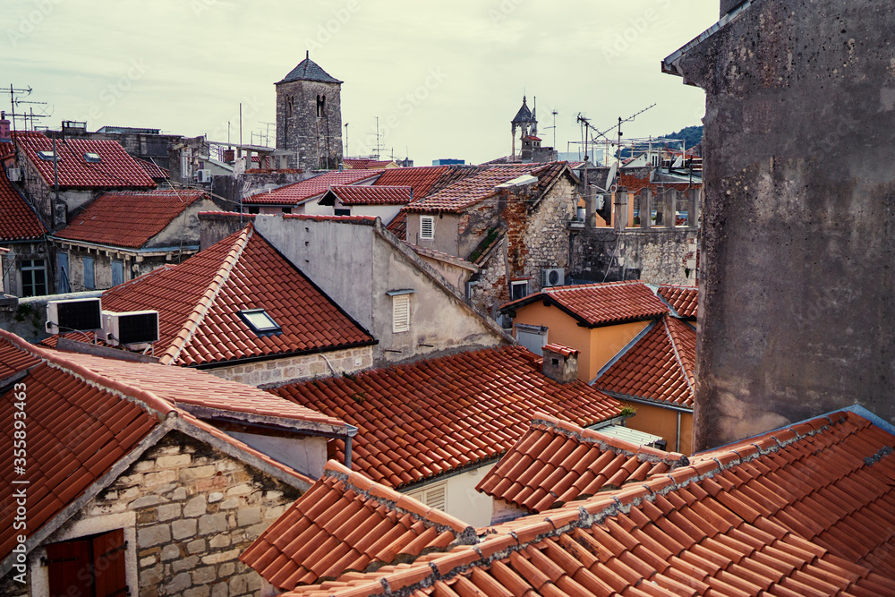 Ancient architecture. Red tiled roofs of old europian town. Split, Croaria.