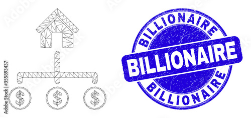 Web mesh bank dollar links icon and Billionaire stamp. Blue vector rounded distress stamp with Billionaire title. Abstract frame mesh polygonal model created from bank dollar links icon.