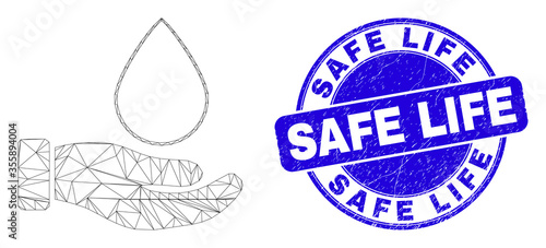 Web carcass blood donation hand icon and Safe Life watermark. Blue vector round distress watermark with Safe Life caption. Abstract frame mesh polygonal model created from blood donation hand icon.