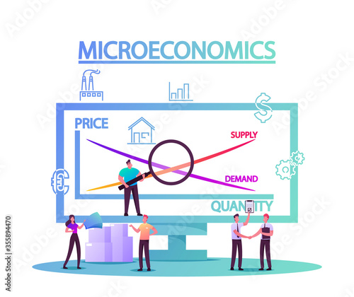 Microeconomics, Tiny Characters Local Business Increase Money Profit Stats, Product Positive Value. Individual Company Resources Price Balance. Economy Study Basics. Cartoon People Vector Illustration