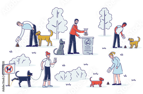 Cleaning after dog. Set of pet owners picking up pets waste during walk in public park