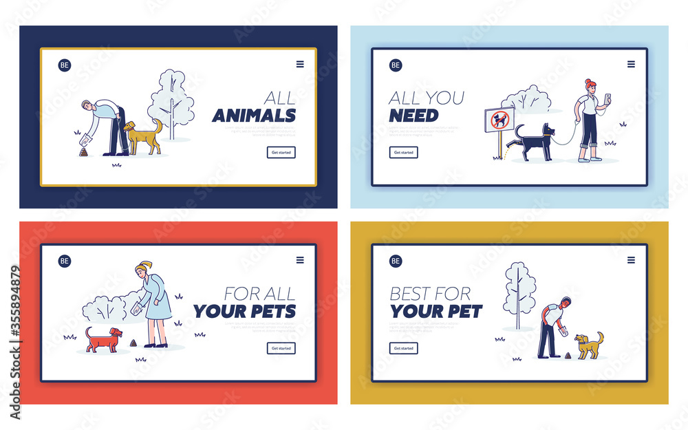 Cleaning after dog concept for set of template landing pages. Cartoon characters with pets walking