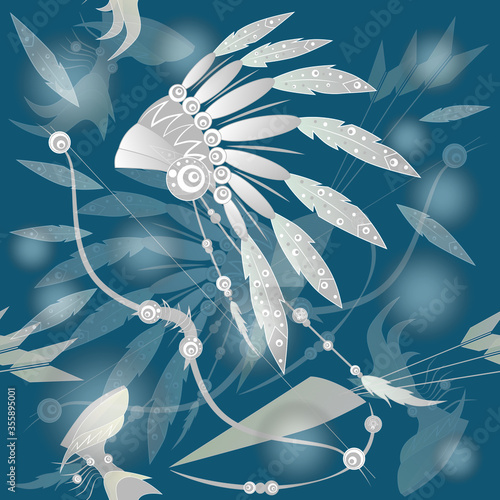 Indian seamless pattern, arrows, feather, bow, loafers. Vector artistic illustration.