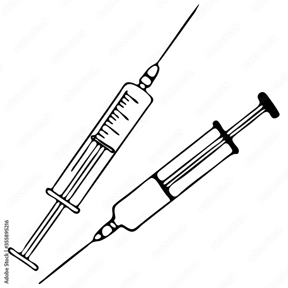 vector illustration, doodle style drawings, linear image in black, medical syringe, isolate on a white background vector illustration, doodle style drawings, linear image in black, medical syringe, isolate on a white background