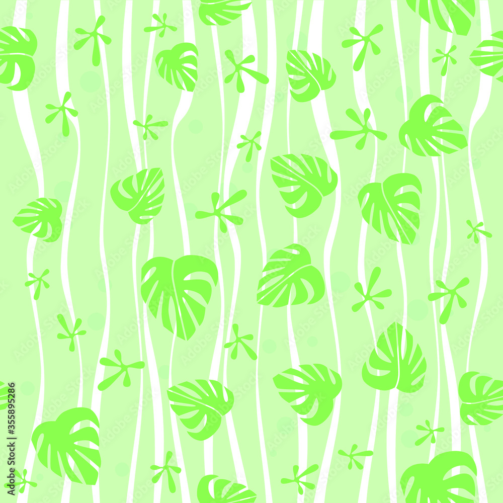 Obraz Seamless pattern. Green monstera leaves on light green backround. Vector graphic illustration.