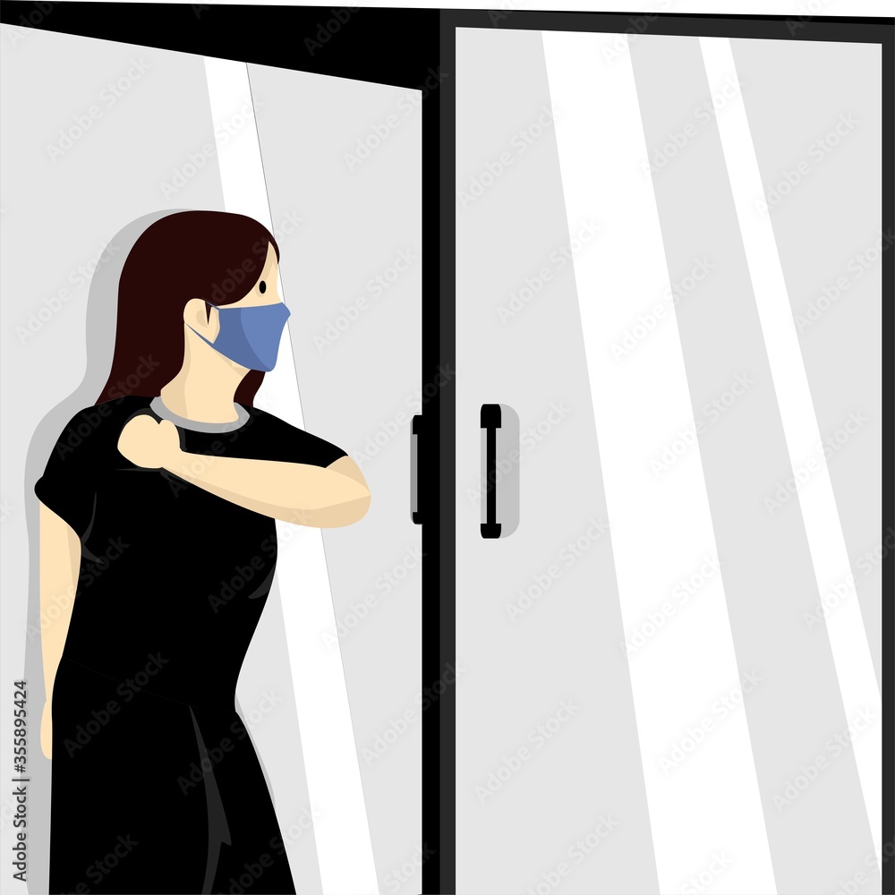 Fototapeta premium Self protection against COVID-19 or coronavirus concept. Open the door with the elbow. Prevent infection spreading. Illustration vector