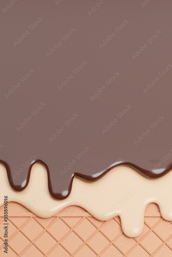 Chocolate and Vanilla Ice Cream Melted on Wafer Background.,3d model and illustration. Chocolate and Vanilla Ice Cream Melted on Wafer Background.,3d model and illustration.