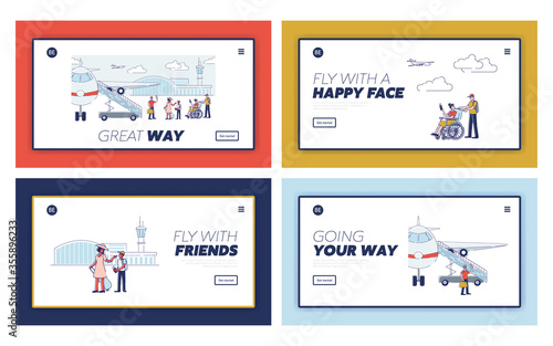 Happy travel landing pages with cartoon passengers before boarding planes and departure
