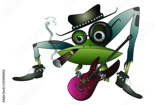 Rock frog with guitar and blue jeans smoking sigar. Cartoon character. Vector illustration