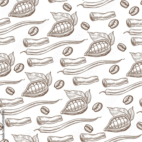 Coffee and cacao beans, cinnamon stick seamless pattern