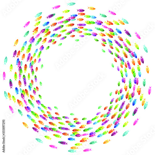 School group of colorful fish and wave vortex on light blue backround. Vector illustration.	
