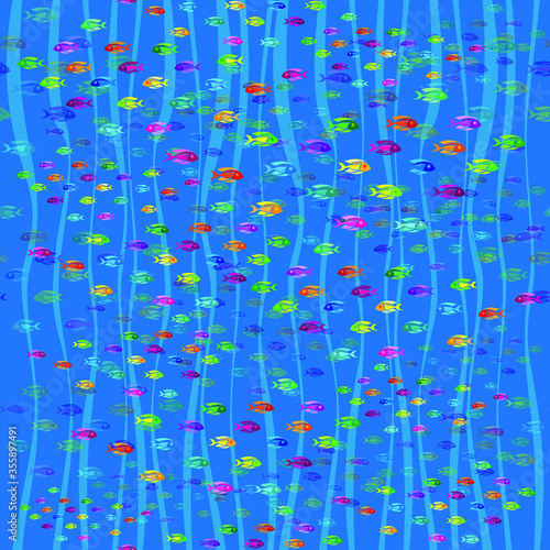 Seamless pattern. Colorful fish on blue backround. Vector graphic illustration.