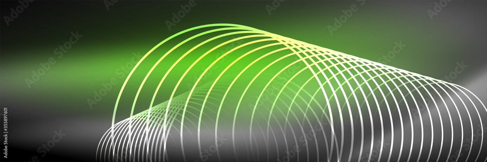 Obraz premium Shiny neon lines, stripes and waves, technology abstract background. Trendy abstract layout template for business or technology presentation, internet poster or web brochure cover, wallpaper