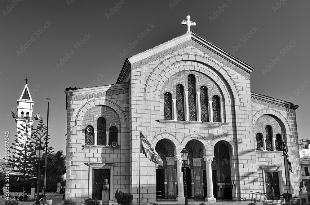 Orthodox cathedral of Saint Dionysus in the capital of Zakynthos island in Greece, black and white..