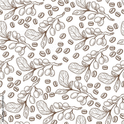 Growing coffee bean branches with leaves seamless pattern