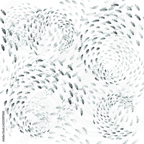 Seamless pattern. Black fish vortex on white backround. Vector graphic illustration.
