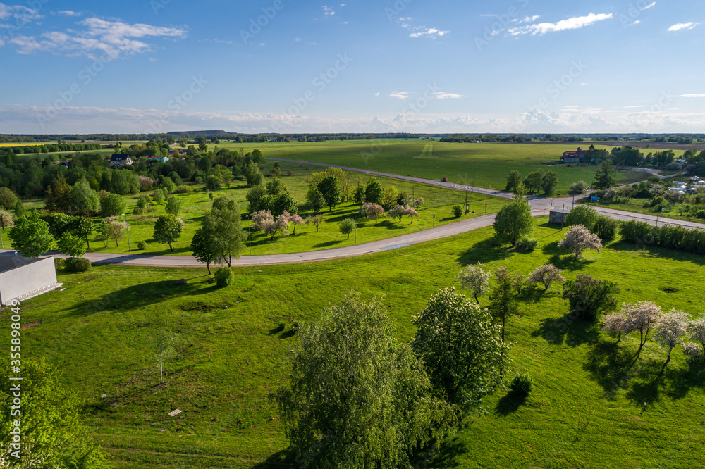 Obraz premium Aerial view of the city at sunny summer day. Beautiful green city park with blooming apple trees.