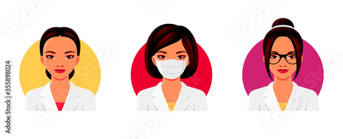 Doctor Asian woman character with various hairstyles, glasses and medical face mask. Nurse avatars set. Vector illustration