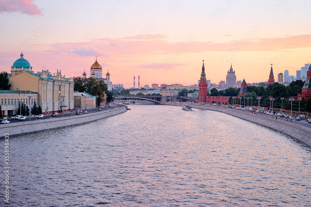 Beautiful city landscape. The Moscow River and Kremlin buildings and wall.
