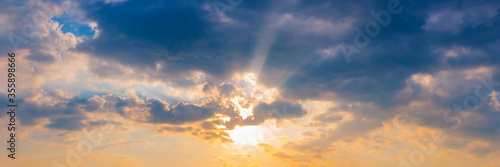 Gorgeous panorama scenic of sunrise and sunset with silver lining and cloud in the morning and evening. Panoramic landscape image.