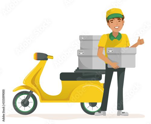 Deliveryman holding box. Standing and smiling. Gesture thumb up.