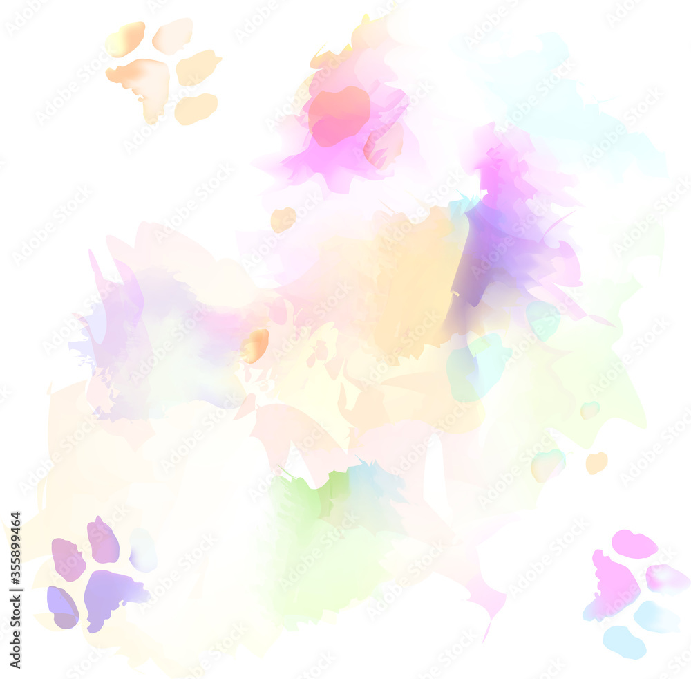 Watercolor and Cat Paw Print on White Paper - Background Texture Pattern