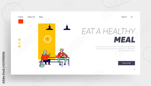 Students Communicate in Canteen Landing Page Template. Pupils Eat Meals Sitting at Tables during Lunch Time in College, Children Characters Visiting School Cafeteria. Linear People Vector Illustration