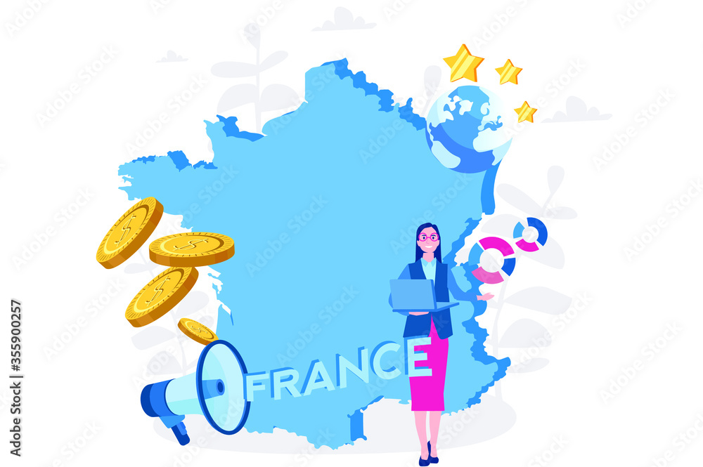 France map with people, Welcome to France, advertising and promo, France economy. Vector illustration for web banner, infographics, mobile. France map with people, Welcome to France, advertising and promo, France economy. Vector illustration for web banner, infographics, mobile.