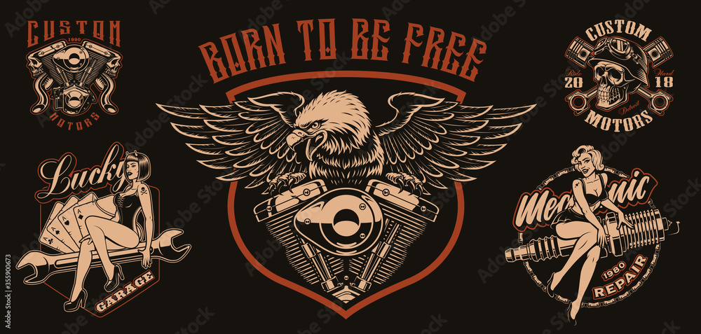 Obraz premium Set of vector biker-themed illustrations for apparel, logos, and many other uses.