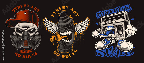 Set of vector graffiti characters on the dark background. These illustrations are perfect for apparel, logos, posters, and many other uses.