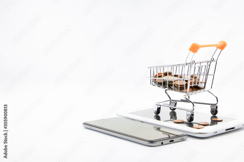 close up Shopping cart on smartphone White background E-commerce concept