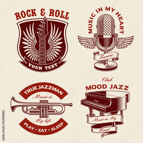 Set of music-themed vector illustrations isolated on the white background.