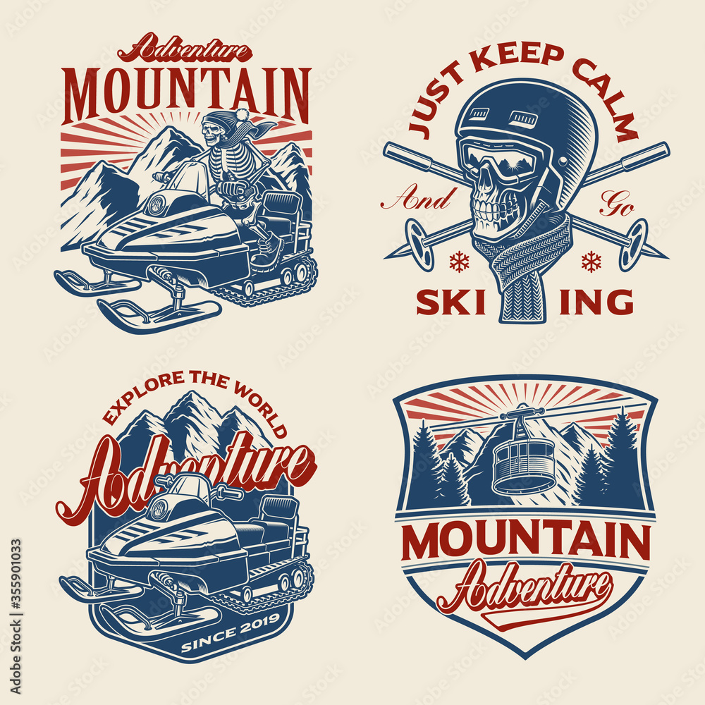 Naklejka premium Set of winter-sport themed illustrations for apparel, logos, and many other uses.