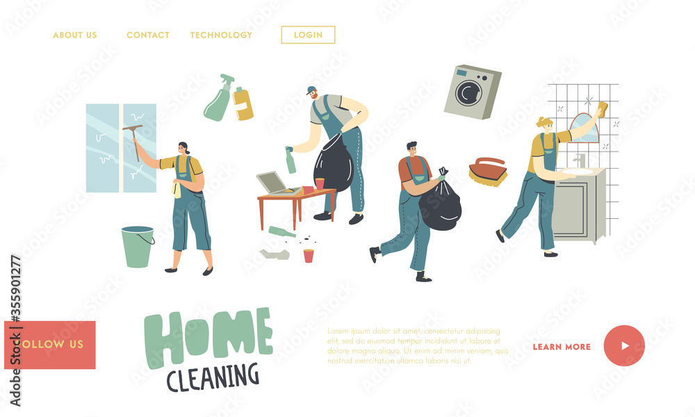 Professional Cleaners Service Work Landing Page Template. Characters in Uniform Cleaning Windows, Bathroom and Living Room. Mopping, Clean Floor, Rub, Sweeping Home. Linear People Vector Illustration