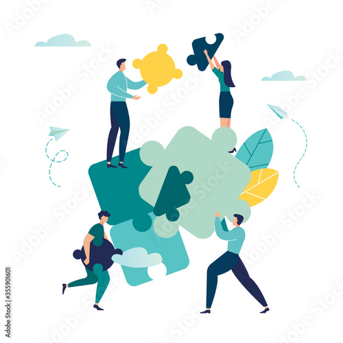 Teamwork character puzzle idea. Team metaphor. people connecting puzzle elements. Vector illustration flat design style. Symbol of teamwork, cooperation, partnership vector