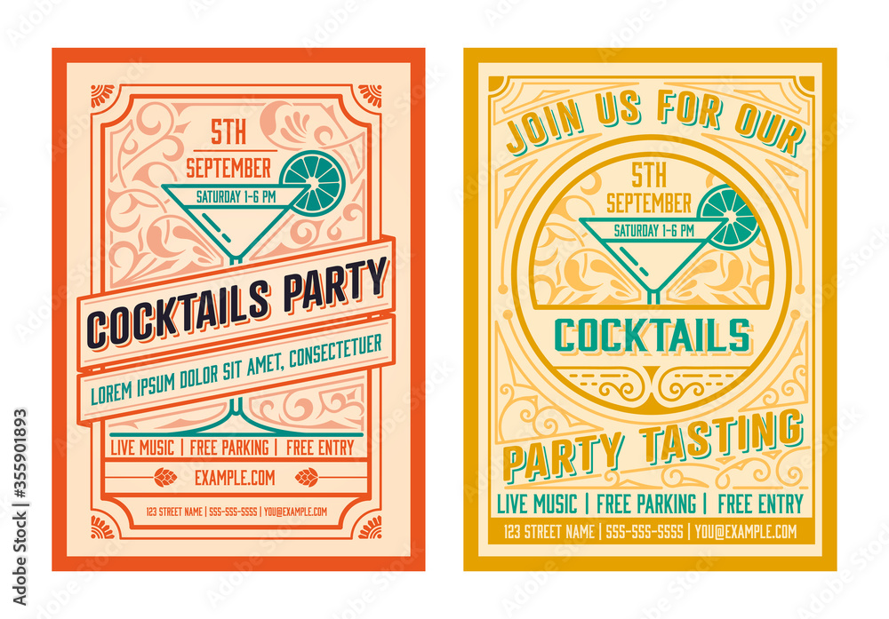 Summer Party Cocktail flyer with vintage ornaments