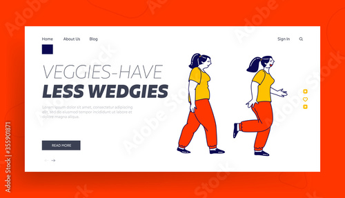 Sports Activity, Running and Jogging Exercise Landing Page Template. Fatty Female Character in Sportswear Start Weight Loss, Healthy Lifestyle. Woman Slimming Stages. Linear People Vector Illustration