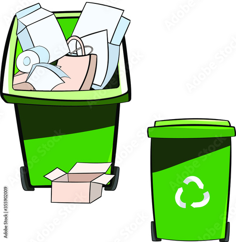 Recycling bin with paper on white background. Vector eps 10 illustration 