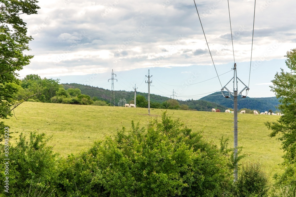 Power lines in the countryside against blue sky in summer day. The landscape of the Czech countryside. Energy distribution.